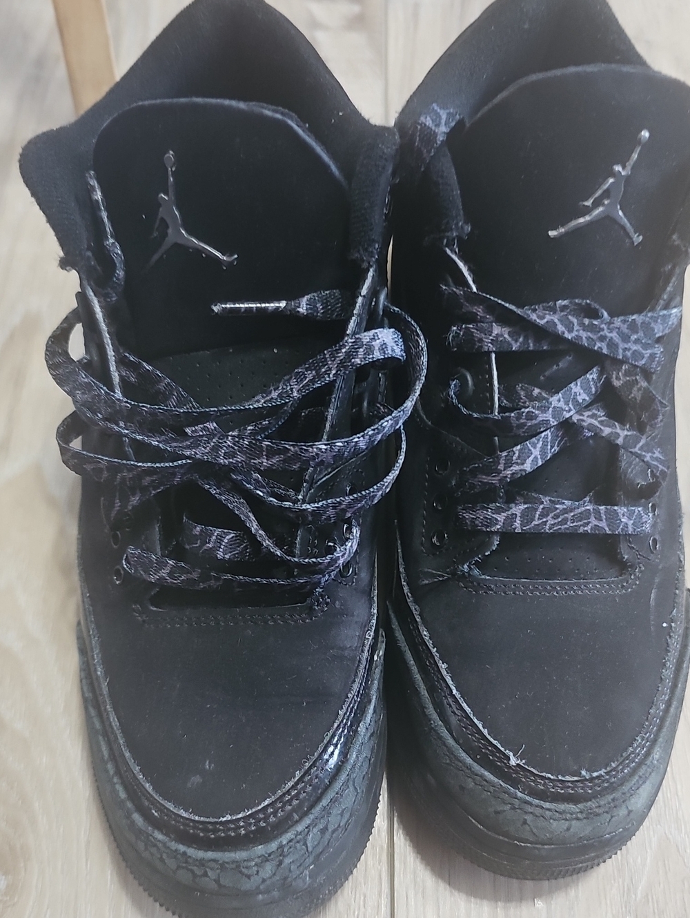 Jordan 3 Black Cata Youth Black High-Top Sneakers with Patterned Laces